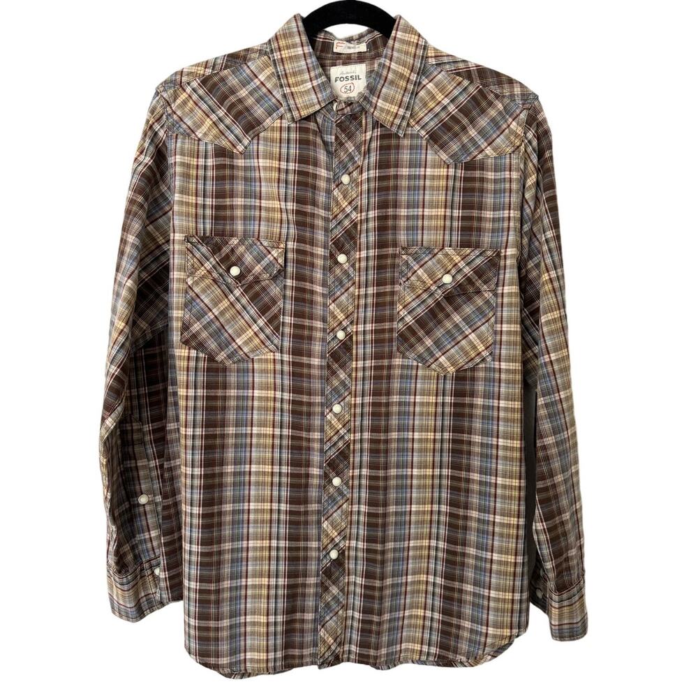 Fossil 54 Vintage Fit Men's Plaid Snap Front Shirt Size Medium